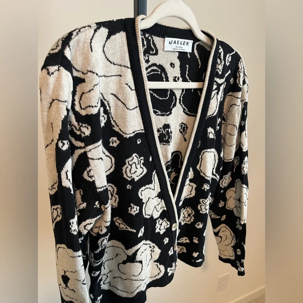 Vintage Jaeger Floral Knit Cardigan Made in Britain Cotton Linen Black Cream - Picture 8 of 10